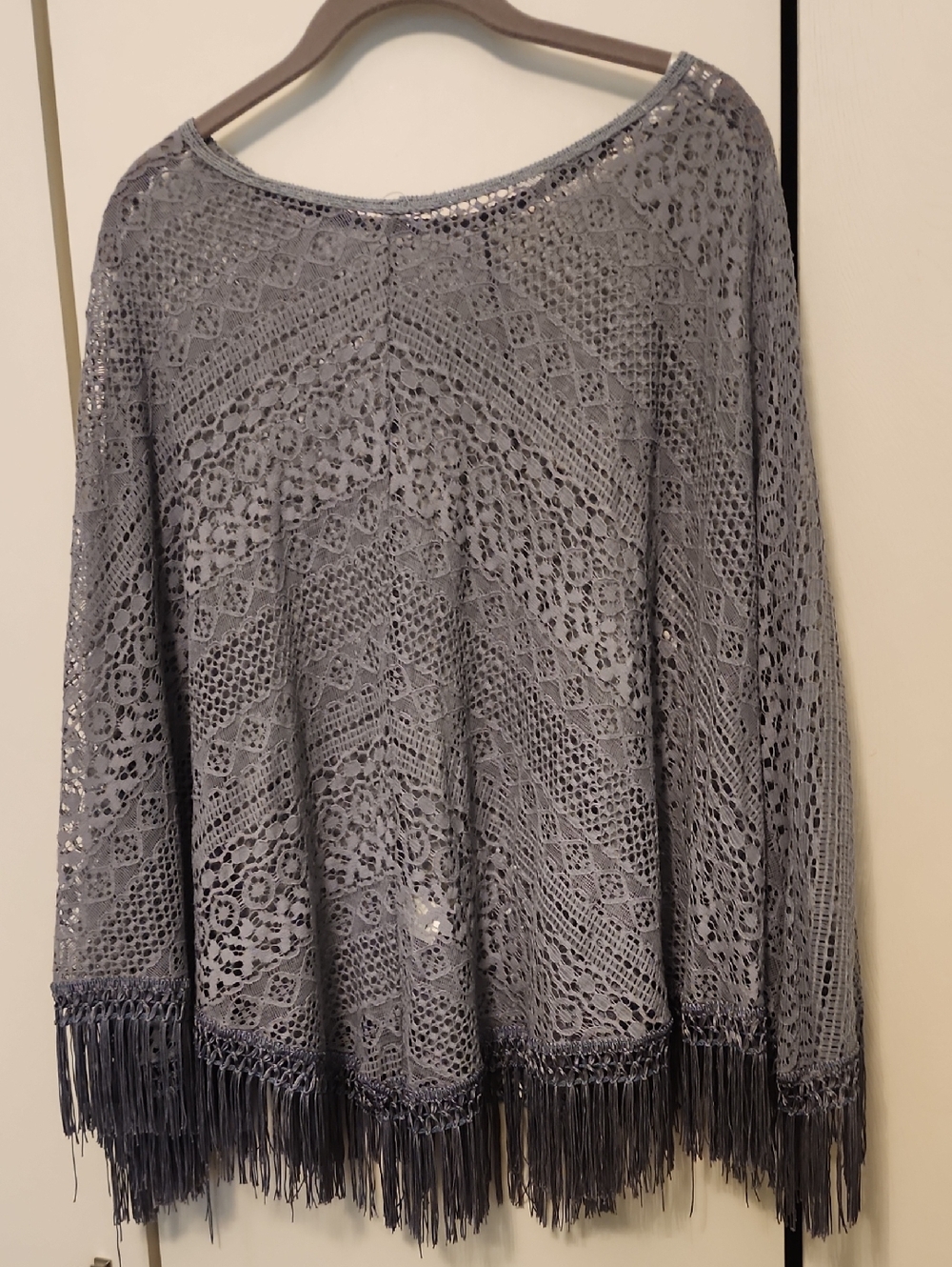 Women's Dusty Blue Gray Crochet Fringe Poncho
